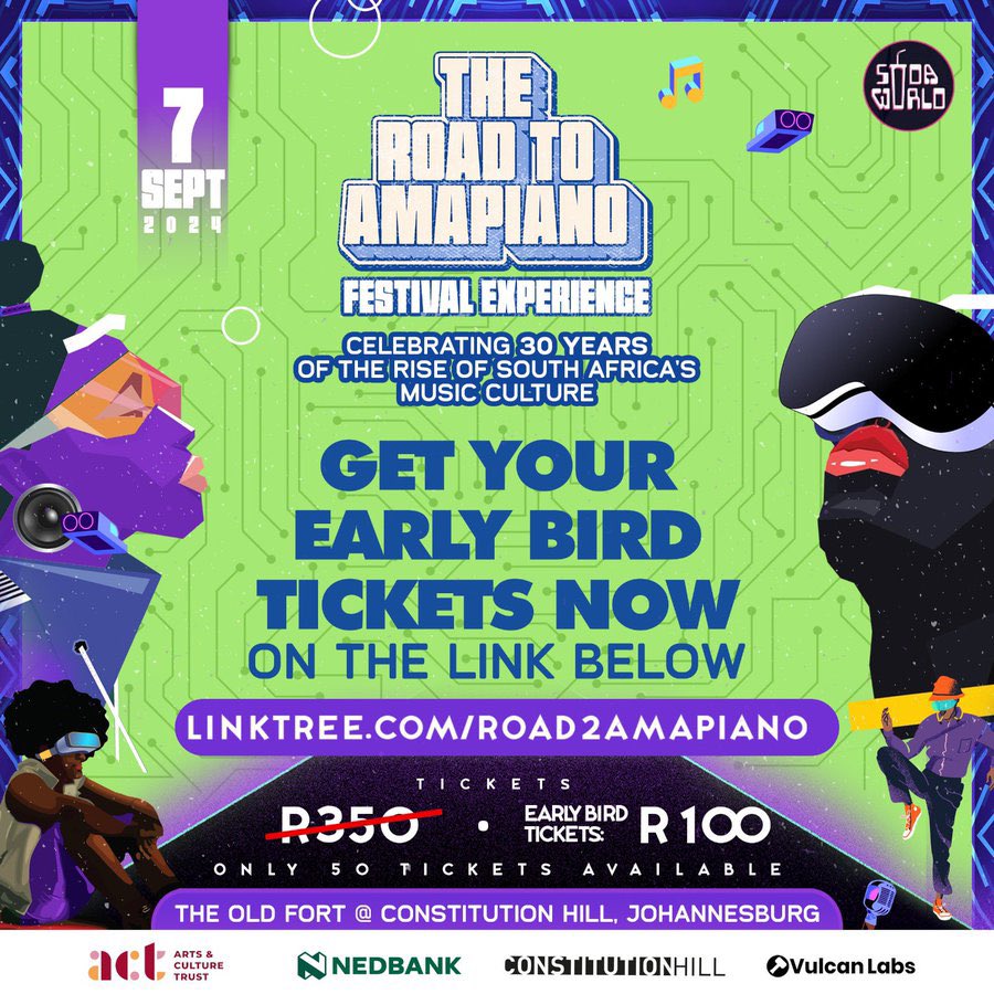 Soda World (@sodaworldtv) on Twitter photo Early bird tickets are flying fast! 💨💨💨
Next stop is Road To Amapiano Festival Experience! 💃🕺
Grab your EARLY BIRD ticket NOW!
🔗 linktr.ee/road2amapiano
#road2amapiano #ACT30 <a href="/actorgza/">Arts & Culture Trust</a> Early bird tickets are flying fast! 💨💨💨
Next stop is Road To Amapiano Festival Experience! 💃🕺
Grab your EARLY BIRD ticket NOW!
🔗 linktr.ee/road2amapiano
#road2amapiano #ACT30 <a href="/actorgza/">Arts & Culture Trust</a>