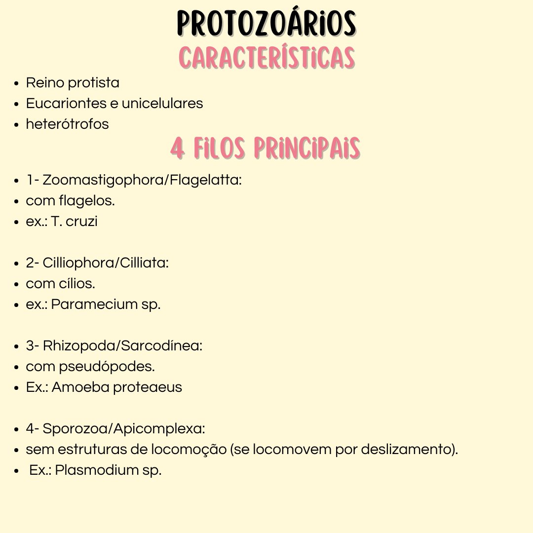 MELdicina's tweet image. MINI REVISÕES PARA O ENEM- PROTOZOÁRIOS E DOENÇAS CAUSADAS POR PROTOZOÁRIOS + explicação:
- ciliados não causam doenças significativas em humanos, existe a balantidíase que é semelhante a giardíase
- rizópodes, importante lembrar da amebíase. Também é semelhante a giardíase,…
