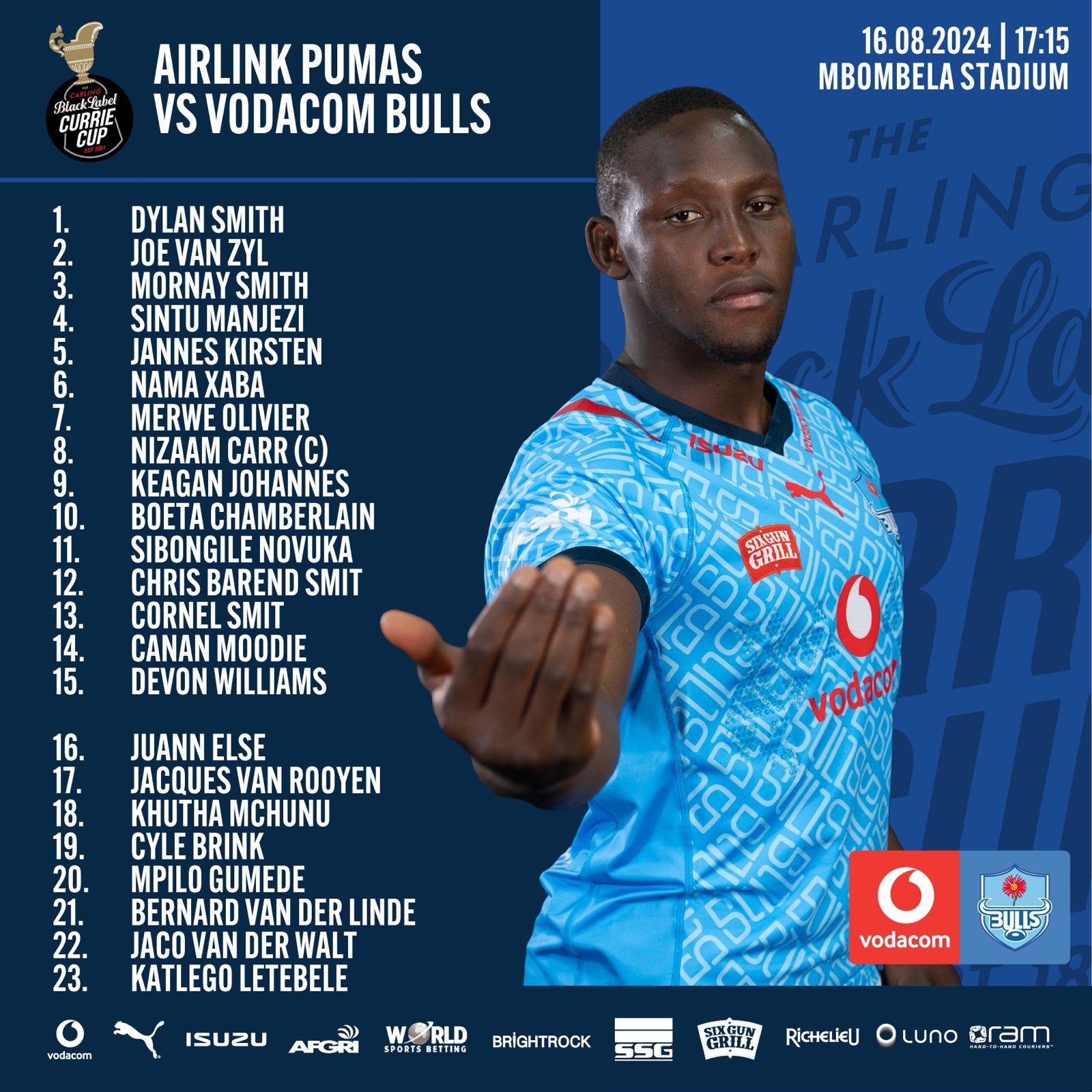 Official Blue Bulls on X TEAM ANNOUNCEMENT Vodacom Bulls vs Airlink Pumas 16 August 2024 17 15 Mbombela Stadium BackTheBulls DefendTheHerd https t 9nQUTx5Y2x X