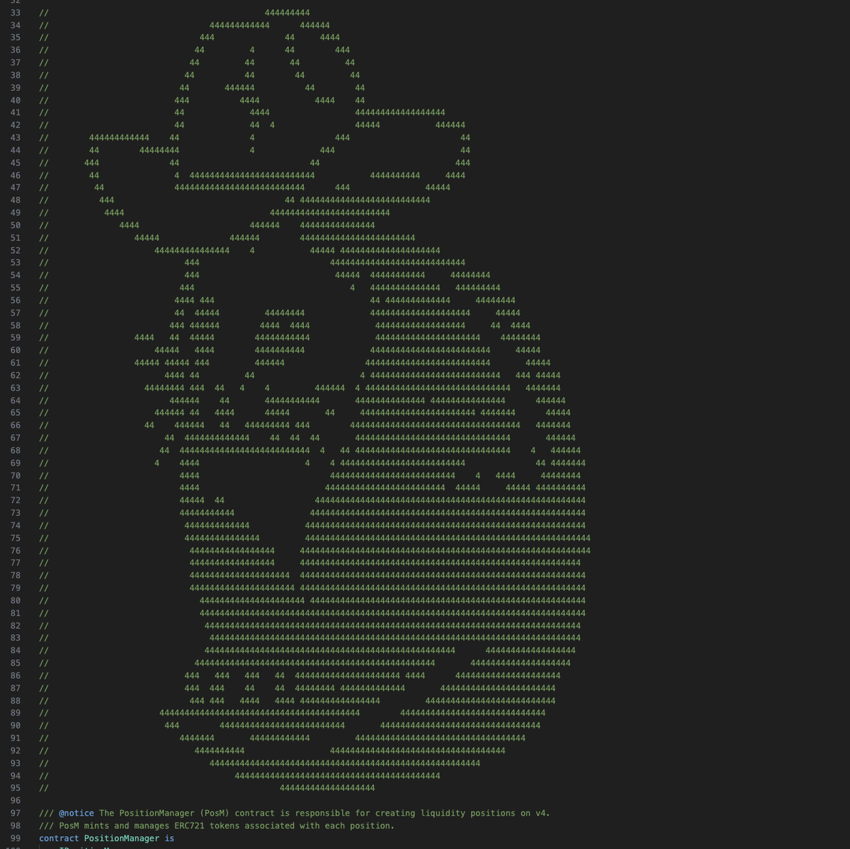 bernapoza's tweet photo. I FOUND THE https://t.co/gJ1bnZ3kWo EASTER EGG
POSM, also known as POSSUM, is present in the token liquidity contracts launched by the launchpad!
I'm sending it in ASCII format because that's how it appears on the chain and in the easter eggs.
You can check it in the token contracts that were launched there, i also recorded a video showin the steps to reach posm:
Frong contract creator:
https://t.co/oNoKncpdsi
Frong contract creation hash:
https://t.co/Q1EgfPIq0v
You can open the contract source code here and see PosM aka POSSUM in a ASCII style:
https://t.co/1w6vfbO7is
in the post that im quoting you can see Alice Henshaw the @Uniswap protocol eng sending a PosM image, on 08/15/2024, Hayden himself follows her.
https://t.co/fdd0jbAEsu
The same POSM apears in the ETHGlobal yt video 1 year ago with the presenter himself calling him "Possum" in the 00:31 :
https://t.co/kQB1fJdSrr
ITS SO FUCKING HUGE
A FUCKING EASTER EGG
SENDING POSM TO 1M