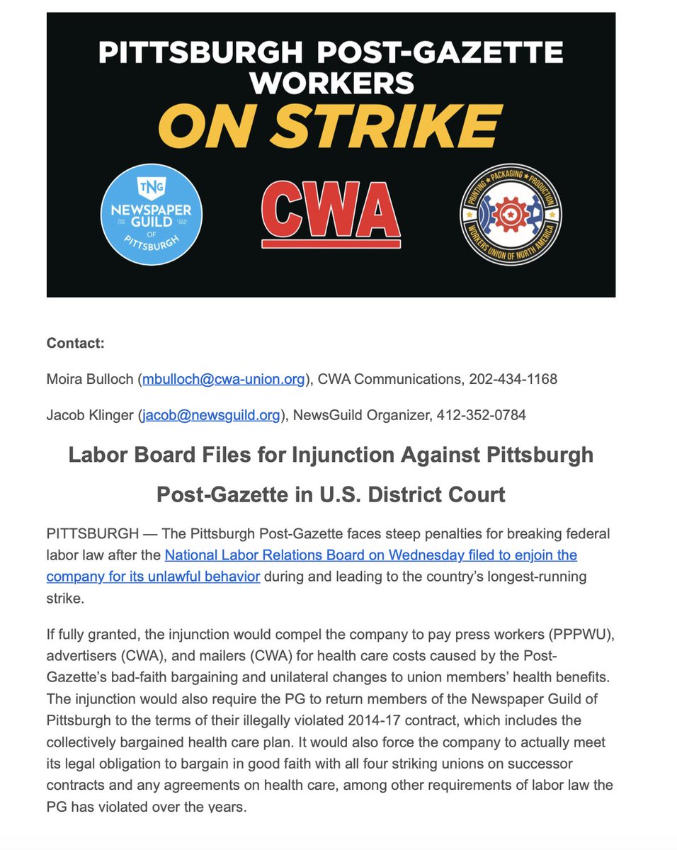 PGHGuild's tweet image. BIG NEWS: The @PittsburghPG has broken federal labor law so viciously for so long that the @NLRB has filed for an injunction that, if granted, would go a long way toward holding the Block family accountable and returning a caliber of news to Pittsburgh this community deserves.
