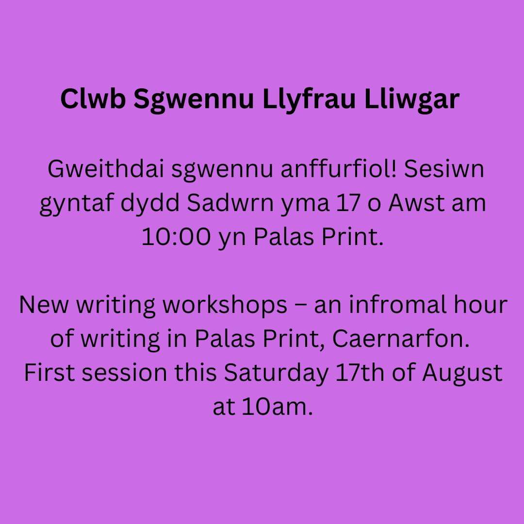 Llyfrau Lliwgar (@yllyfraulliwgar) on Twitter photo Sgwenwyr creadigol LHDTC+ yn y gogledd! Mae gan Llyfrau Lliwgar glwb sgwennu dwyieithog anffurfiol yn dechrau ddydd Sadwrn yma, 17 Awst, yn <a href="/PalasPrint/">Palas Print</a>. Dewch yn llu, boed yn newydd i sgwennu neu'n hen law - bydd yn ofod saff a chynhwysol! A <a href="/LlyrTitus/">Llŷr Titus</a> fydd yr ysgogydd creadigol! Sgwenwyr creadigol LHDTC+ yn y gogledd! Mae gan Llyfrau Lliwgar glwb sgwennu dwyieithog anffurfiol yn dechrau ddydd Sadwrn yma, 17 Awst, yn <a href="/PalasPrint/">Palas Print</a>. Dewch yn llu, boed yn newydd i sgwennu neu'n hen law - bydd yn ofod saff a chynhwysol! A <a href="/LlyrTitus/">Llŷr Titus</a> fydd yr ysgogydd creadigol!