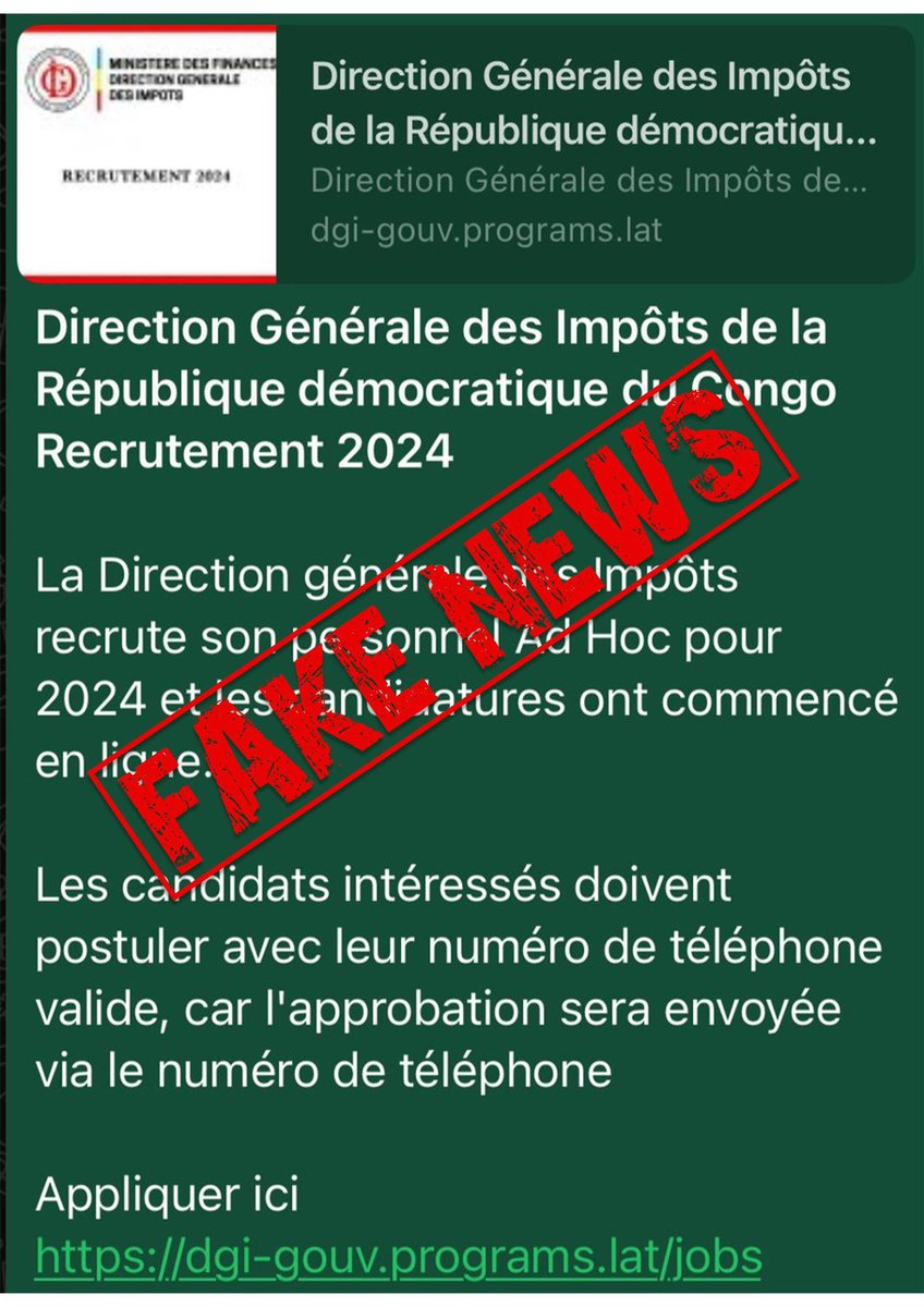 FutaMpako's tweet photo. ⚠️⚠️ ATTENTION‼️ Cette information est fausse. Ce site n’est pas le portail de recrutement officiel de la Direction Générale des Impôts, mais une fraude. Pour accéder au site authentique de la DGI, allez sur https://t.co/FhPdMizWQz. @financesrdc #Infos #Alerte https://t.co/obwmKHkc3d