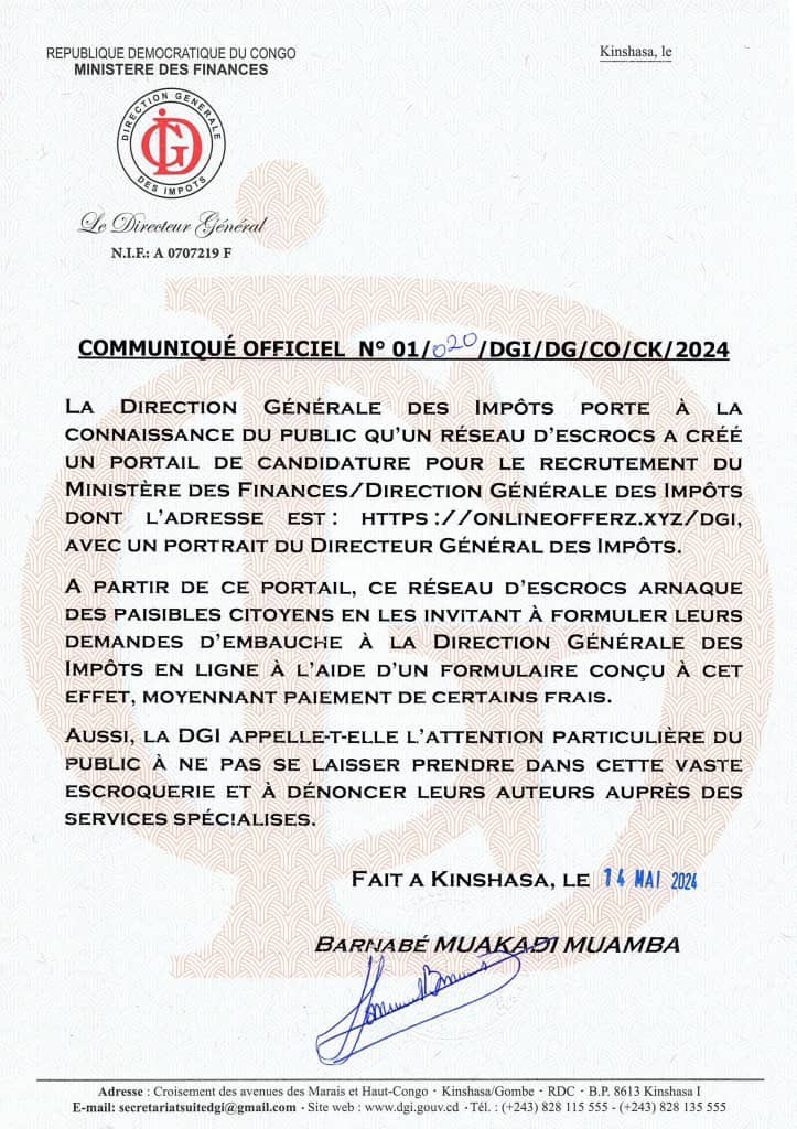 FutaMpako's tweet photo. ⚠️⚠️ ATTENTION‼️ Cette information est fausse. Ce site n’est pas le portail de recrutement officiel de la Direction Générale des Impôts, mais une fraude. Pour accéder au site authentique de la DGI, allez sur https://t.co/FhPdMizWQz. @financesrdc #Infos #Alerte https://t.co/obwmKHkc3d