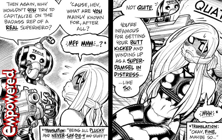 Today's EMPOWERED webcomic page, from the epilogue scene of 2011's one-shot 10 QUESTIONS FOR THE MAIDMAN, doubles down on a theoretically humorous riff that falls flat for me nowadays: empoweredcomic.com/comic/unchaine…