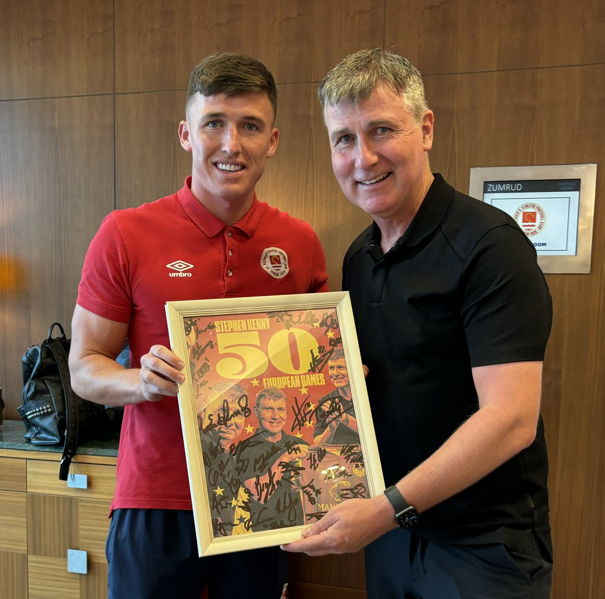 stpatsfc's tweet photo. Stephen Kenny will manage his 50th European club match tonight 

It’s his 4th as St Patrick’s Athletic Manager, his first was with Longford Town during the 2001/2002 season, Stephen has managed seven clubs in Europe, a brilliant achievement 

Captain Joe Redmond presented a signed frame to Stephen 

Congratulations & good luck later