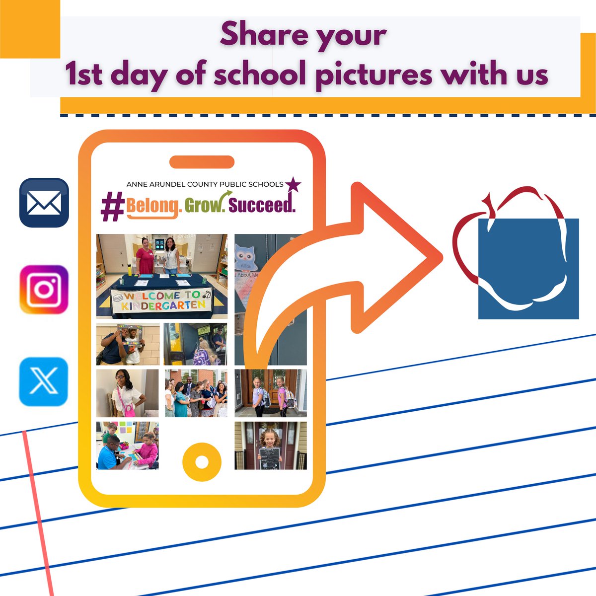The new school year is almost here! Don't forget to post your first-day photos on X. Tag us <a href="/AACountySchools/">AACPS</a> &amp; use the hashtag #BelongGrowSucceed for a chance to be included in our Back To School album.
Use your own sign or print one at aacps.org/firstdayposter