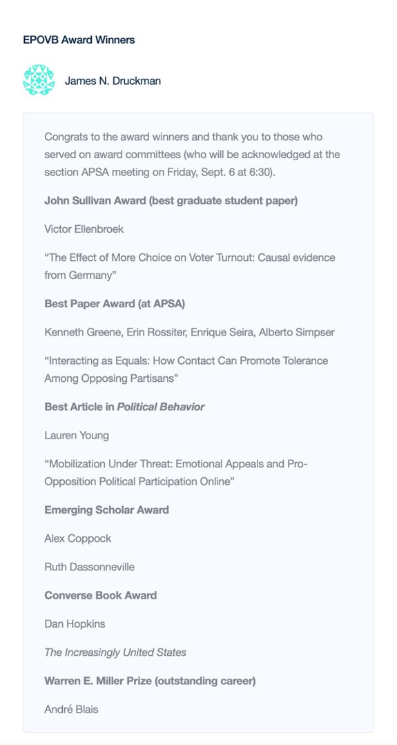 ruth dassonneville (@r_dassonneville) on Twitter photo Feeling incredibly grateful and honored to be one of the co-recipients of the APSA <a href="/epovb/">Elections, Public Opinion, and Voting Behavior</a> Emerging Scholar Award! To be receiving this award in the same year that the section is recognizing the outstanding career of my friend and colleague <a href="/ablais_/">André Blais</a> makes it even more special! Feeling incredibly grateful and honored to be one of the co-recipients of the APSA <a href="/epovb/">Elections, Public Opinion, and Voting Behavior</a> Emerging Scholar Award! To be receiving this award in the same year that the section is recognizing the outstanding career of my friend and colleague <a href="/ablais_/">André Blais</a> makes it even more special!