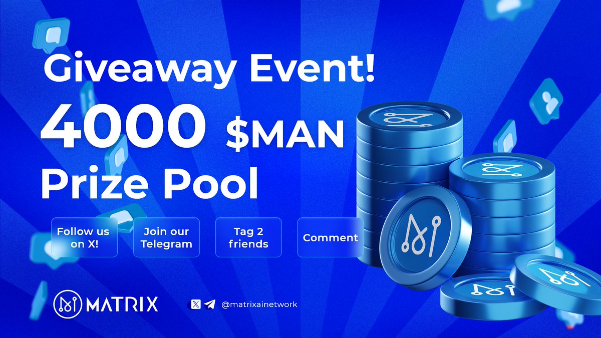 Matrix AI Network (@matrixainetwork) on Twitter photo It's time for #Giveaway event 🤩
💎 Prize Pool: 4,000 $MAN Coin
📅 Duration: 15-21 August
🏆 10 Winners
✅ Follow <a href="/MatrixAINetwork/">Matrix AI Network</a>
✅ Join t.me/matrixainetwork
✅ Like and retweet the event tweet.
✅ Comment and Tag two friends
#Airdrops #airdropalert It's time for #Giveaway event 🤩
💎 Prize Pool: 4,000 $MAN Coin
📅 Duration: 15-21 August
🏆 10 Winners
✅ Follow <a href="/MatrixAINetwork/">Matrix AI Network</a>
✅ Join t.me/matrixainetwork
✅ Like and retweet the event tweet.
✅ Comment and Tag two friends
#Airdrops #airdropalert