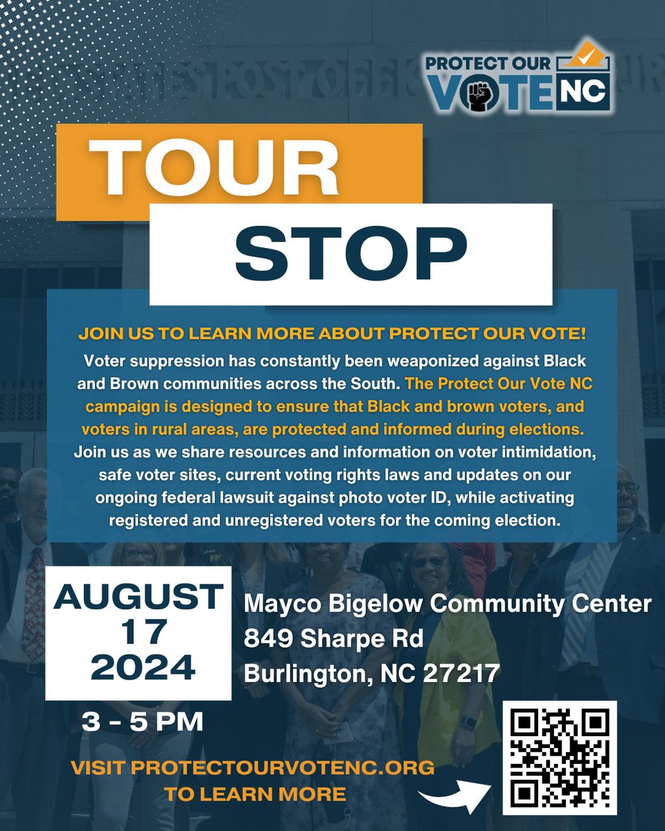 Join us this Saturday for the Protect Our Vote tour stop in Burlington, NC! Learn more about the POV NC campaign that is designed to ensure that Black and brown voters, and voters in rural areas, are protected and informed during elections. Food will be provided!