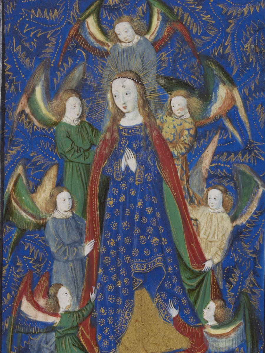 #LeSaviezVous ☁️ L'#Assomption vient d'un mot latin qui signifie "enlever". Il s'agit de la montée au ciel de la Vierge.
Sur cette miniature, Marie se fait enlever par des anges aux ailes multicolores. 👼