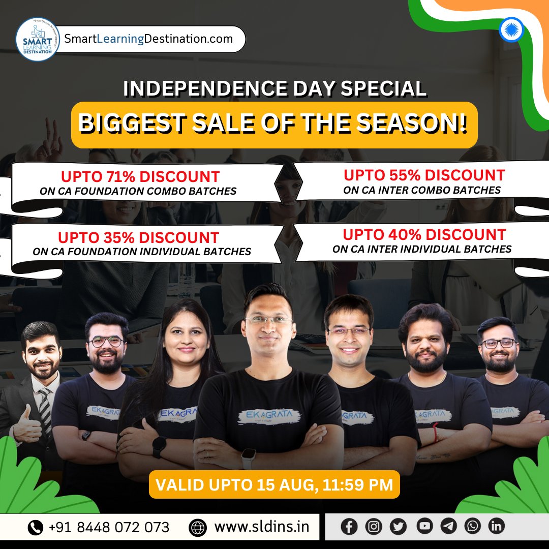SLDINSLECTURE's tweet image. Independence Day Special  
 CA Foundation & CA Inter
Offer Valid 15 Aug till 11:59PM
☎️ Enquiry Call - 8448072073
| On-Time Free Delivery |
| Lowest Price |
| Genuine Product |
| Secure Payment |
| Best After Sell Support |
| Serving Since 2016 |