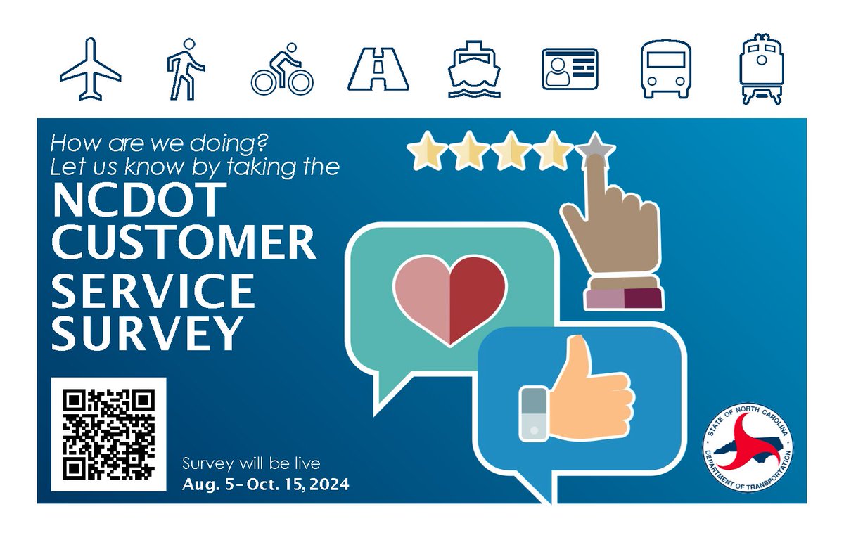 NCDOT is currently conducting its annual customer service survey! Your input is needed to ensure the state's transportation is the best it can be. 🚦

Go to ncdot.gov and search "customer survey" to take the survey, open now through October 15!