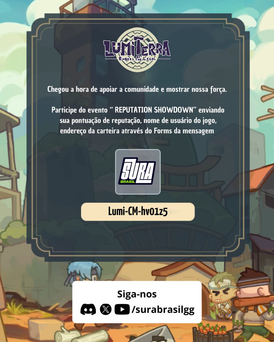 suragamingbr's tweet image. 🎉 Reputation Showdown! 🎉

Chegou a hora de apoiar a comunidade e mostrar nossa força. 

Participe enviando sua reputação, nome de usuário e RONIN para o Forms: lumiterra.fillout.com/t/dZkqb17iaZus

CÓDIGO COMUNIDADE
Lumi-CM-hv01z5

Quanto mais reputação, mais WL a comunidade poderá ganhar.