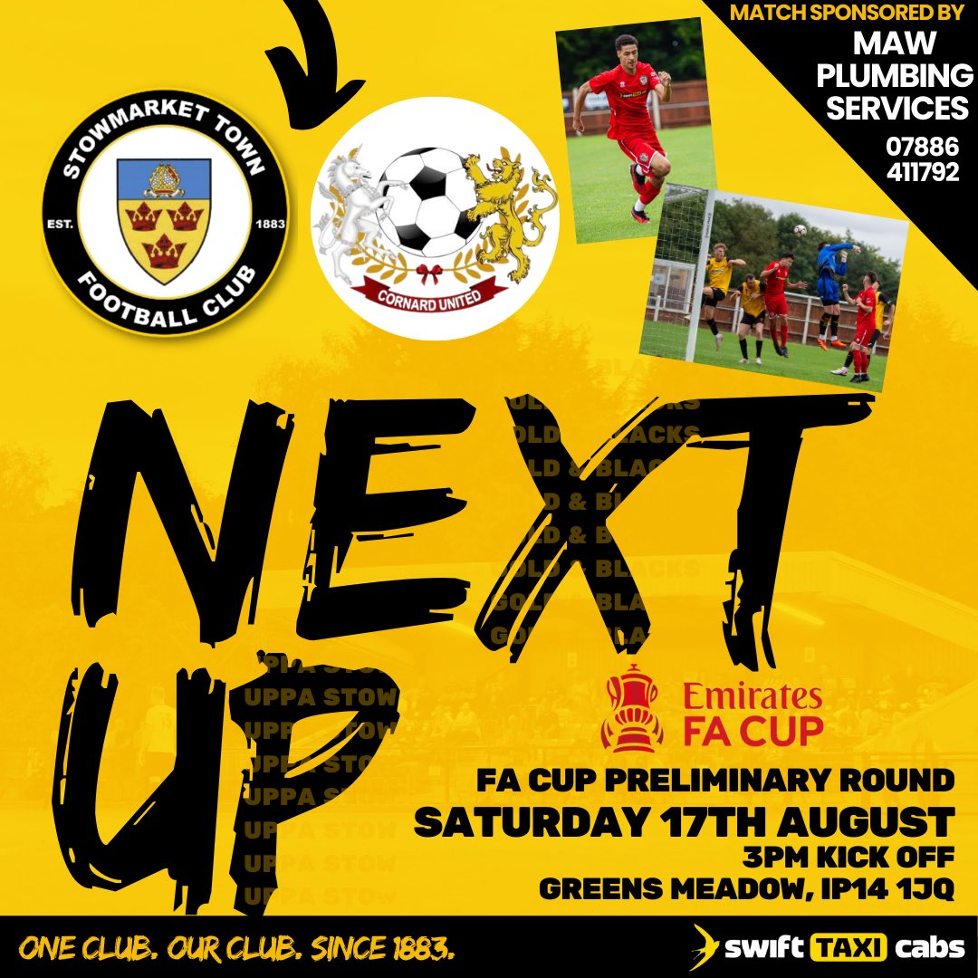💛🖤 ミ★ 𝘛𝘏𝘐𝘚 𝘚𝘈𝘛𝘜𝘙𝘋𝘈𝘠! ★彡 🖤💛

Our First Team are back at home for the Preliminary Round of the <a href="/EmiratesFACup/">Emirates FA Cup</a>!

🆚 <a href="/CornardUtdFC/">Cornard United F.C</a> 
📆 Saturday 17th August 2024
⏰ Kick-off 3pm
🍺 Bar open at 11am
🍔 Food available
⚽️ Golden Ticket Draw. 
🎟️ Adults £9, Concessions
