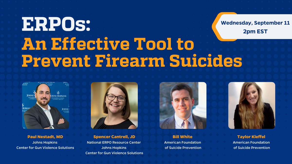Johns Hopkins Center for Gun Violence Solutions (@jhu_cgvs) on Twitter photo This National Suicide Prevention Week, join us on Wednesday, September 11th at 2pm EST for our webinar, ERPOs: An Effective Tool to Prevent Firearm Suicides, with the National ERPO Resource Center and <a href="/afspnational/">American Foundation for Suicide Prevention</a>.
Register for the webinar: publichealth.jhu.edu/events/2024/er… This National Suicide Prevention Week, join us on Wednesday, September 11th at 2pm EST for our webinar, ERPOs: An Effective Tool to Prevent Firearm Suicides, with the National ERPO Resource Center and <a href="/afspnational/">American Foundation for Suicide Prevention</a>.
Register for the webinar: publichealth.jhu.edu/events/2024/er…