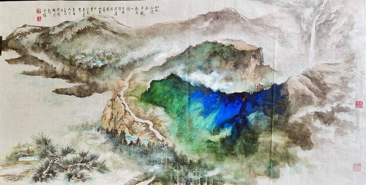 ivalady2001's tweet photo. 水墨潑彩：谷口山居

如此谷迴未可遊
松花一徑白雲留，
石崖陟絕尋山去
回首山色半是雲。

辛丑六月二十二日
德聞精舍
郭金保

#字畫 #台灣 #台南書畫家 #書法 #書畫 #佛像 #潛粹藝術 #藝術家協會 #古董 #藝術展覽 #���術品 #潑彩畫 #畫家 #水墨 #郭金保 https://t.co/5q4ThzfEfY
