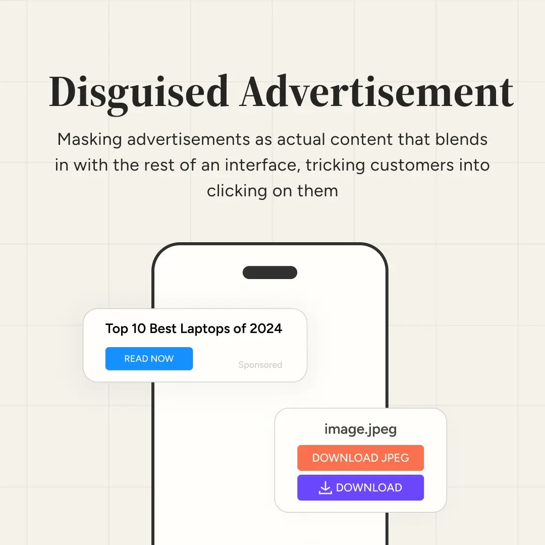 ascionline's tweet image. Identify Disguised Ads!

In our latest report, we have analysed how ads masquerade as regular content online, tricking users into unintended clicks leading that can lead to frustration.

Click to know more: consciouspatterns.in/deceptive-patt…

#DisguisedAdvertisement #ASCI  #ASCIAcademy