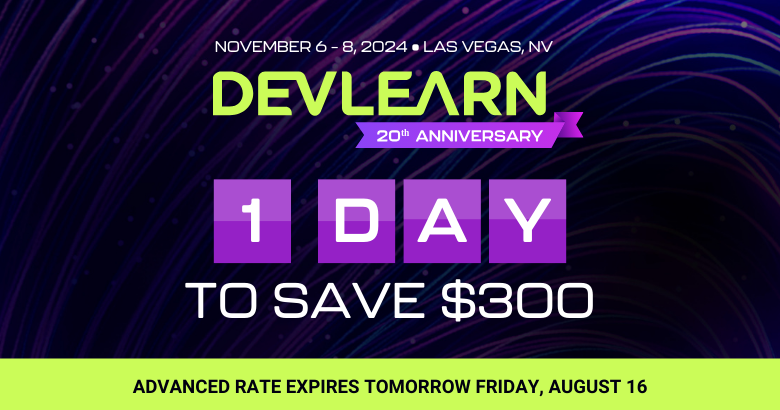 ⏰ Your $300 savings on #DevLearn 2024 are slipping away...Tomorrow, August 16, is the last day to save on your conference pass. Be a part of North America's largest learning tech event: 
ow.ly/H1AR50SYpXg