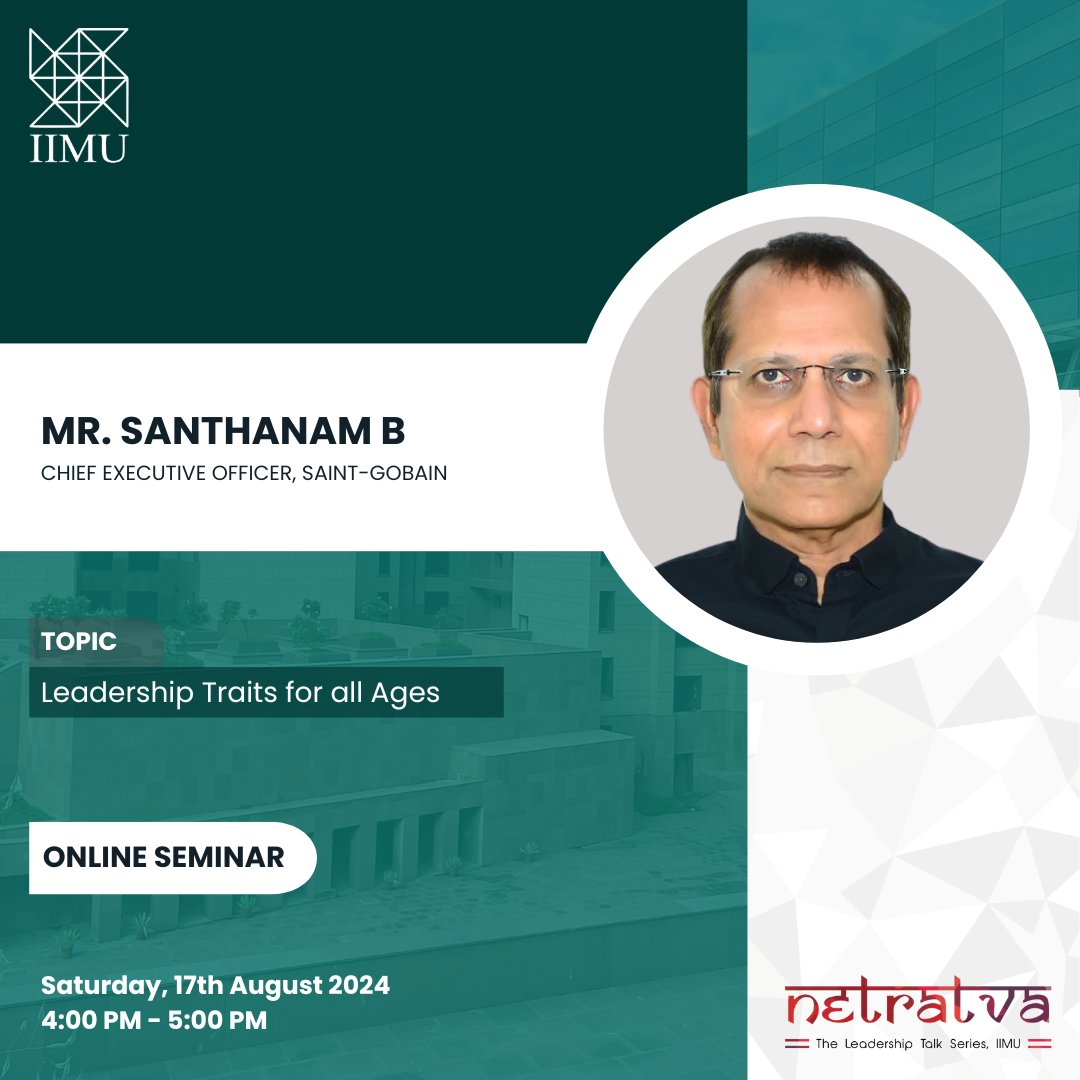 IIM_Udaipur's tweet photo. #IIMUdaipur is delighted to host Mr. Santhanam B, Chief Executive Officer at Saint-Gobain for #Netratva, The Leadership Talk Series. He will discuss the topic "Leadership Traits for all Ages".
#UnstoppableWithIIMU #BuildingUTogether #Leadership https://t.co/XBpJvRQN95