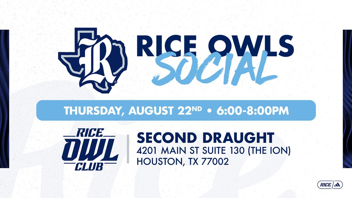 🦉As we begin the season, "The Barn" wants to invite everyone to our first Rice Owl Club Social of the year!

Come out to our <a href="/RiceAthletics/">Rice Athletics 👐</a> Happy Hour Social at <a href="/Second_Draught/">Second Draught</a> on Thursday, August 22nd from 6:00 PM to 8:00 PM! 🦉

RSVP Today! - bit.ly/3Aj6Yef