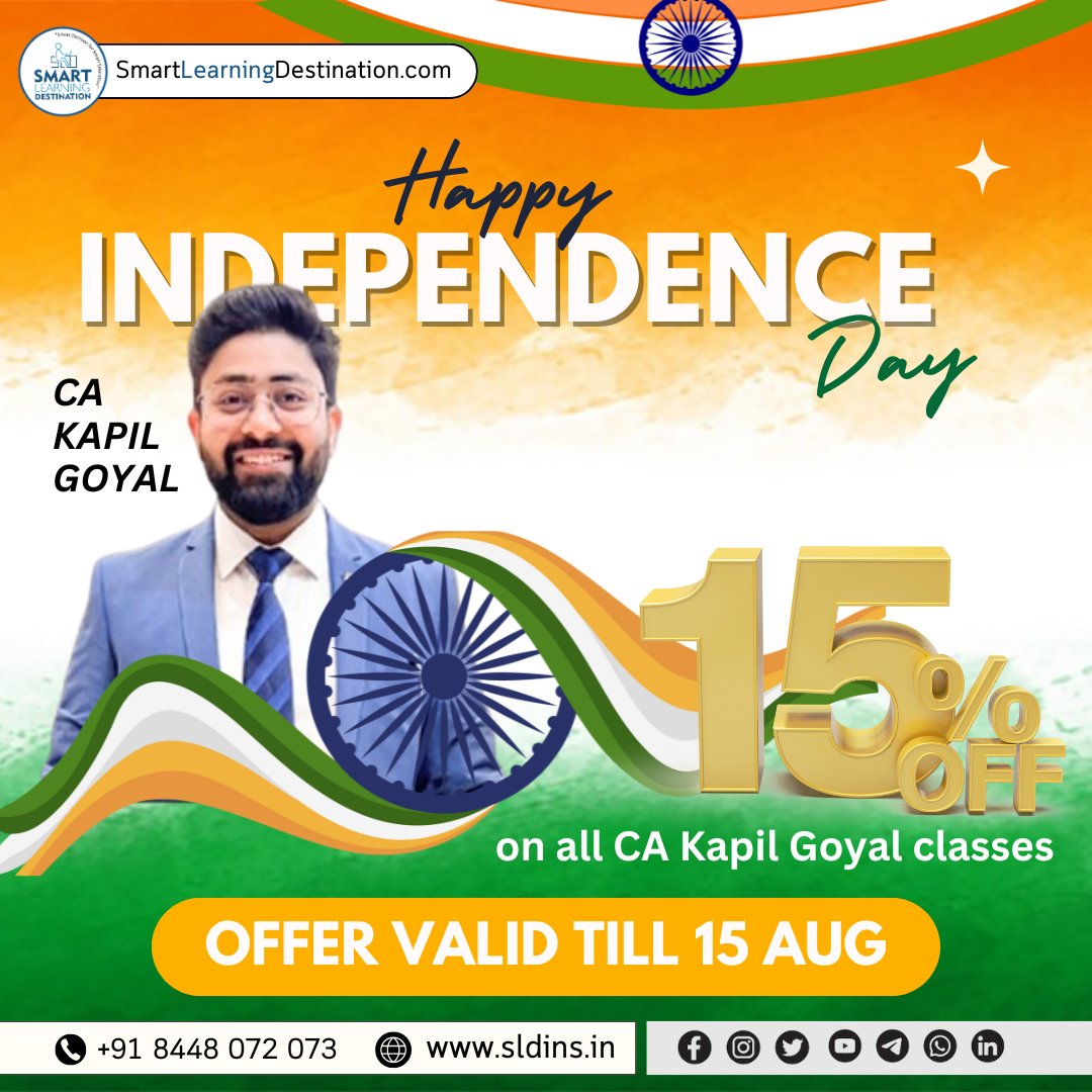 SLDINSLECTURE's tweet image. Happy Independence Day
Get 15% off on all lectures of CA Kapil Goyal 
☎️ Enquiry Call - 8448072073
🌐 Visit- smartlearningdestination.com
| On-Time Free Delivery |
| Lowest Price |
| Genuine Product |
| Secure Payment |
| Best After Sell Support |
| Serving Since 2016 |