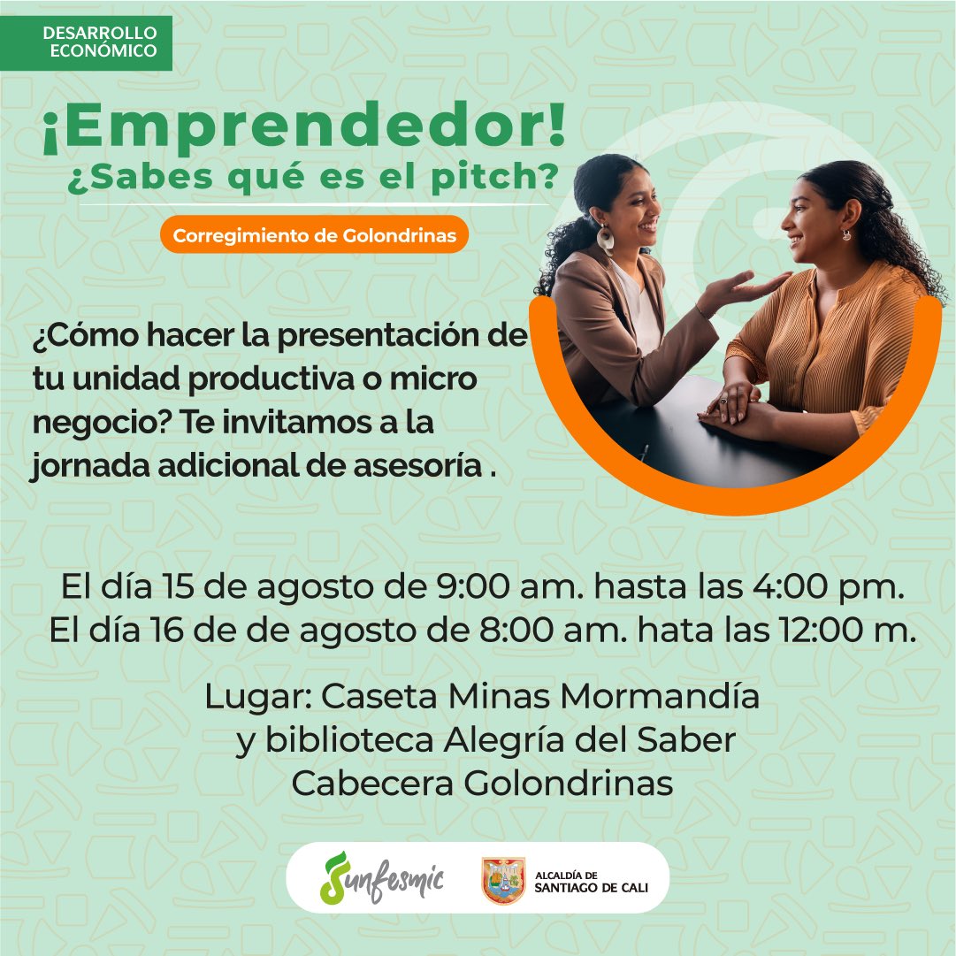 🚀 Si eres emprendedor y estás en el corregimiento de Golondrinas, esta información es para ti 🫵

Aprende a hacer el mejor pitch para tu negocio. Únete a nuestra jornada de asesoría los días 15 y 16 de agosto. 📅 

#Emprendimiento #PitchPerfecto #Golondrinas