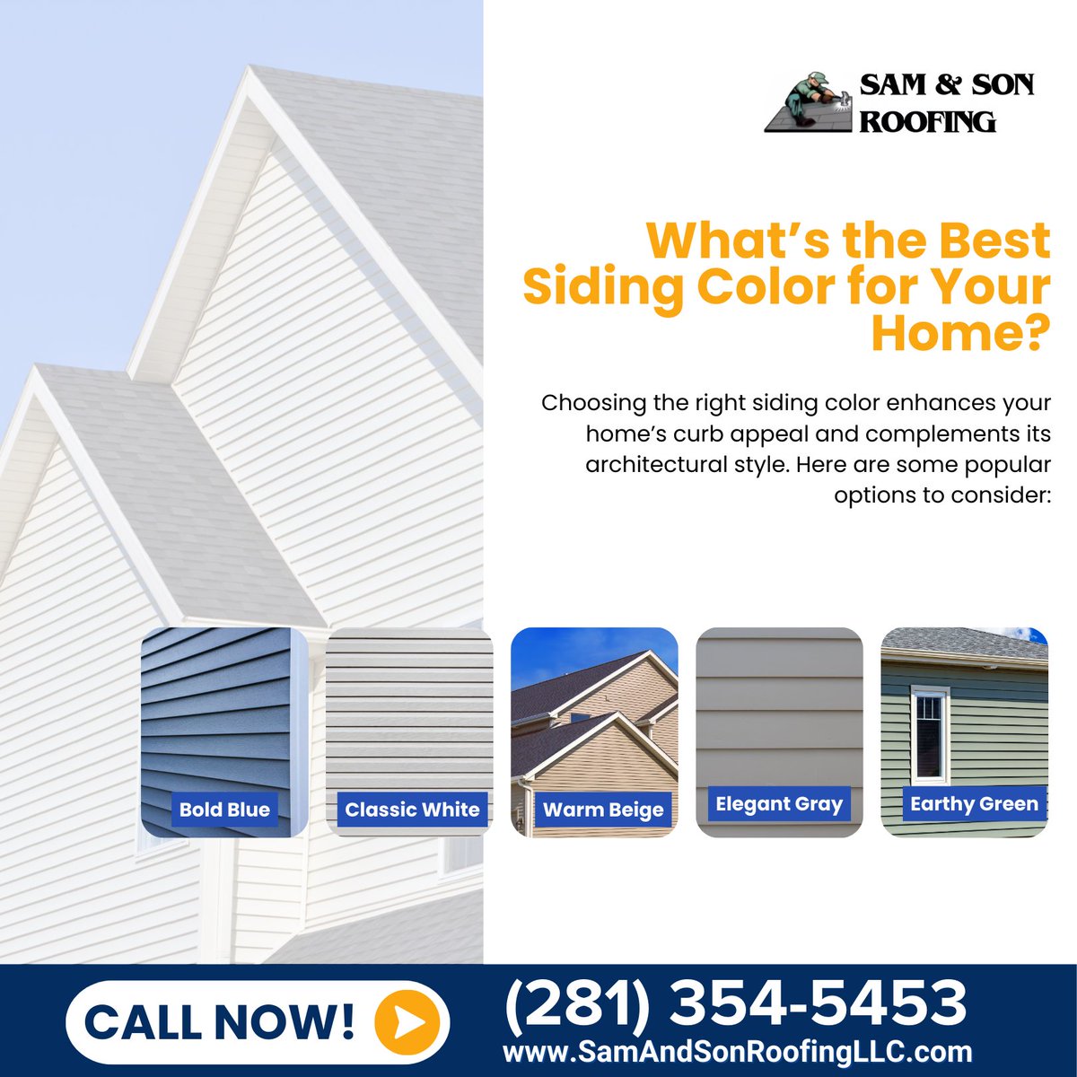 SamSonRoofing's tweet photo. Enhance your home's curb appeal with the perfect siding color! Our expert team helps you choose the ideal shade. Trust our roofing contractors in New Caney TX for top-quality service. Call (281) 354-5453. #SidingColor #CurbAppeal #NewCaneyTX https://t.co/NdTHXmIHLB