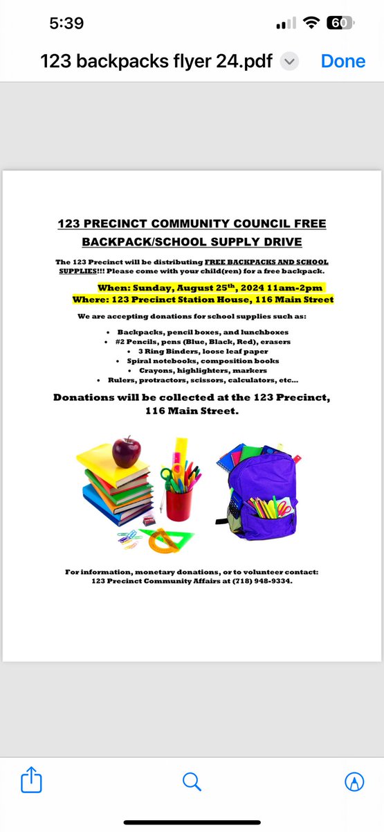 123Council's tweet photo. The @NYPD123Pct Community Council is still  accepting school supplies for families in need. We are asking for backpacks, pencil boxes, pencils/pens, erasers, spiral notebooks, composition books, crayons, highlighters, markers, rulers, scissors and calculators. https://t.co/LE7ZOeGWax