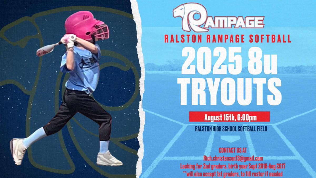 8U Rampage Softball tryouts tonight!!! 
6 pm @ RHS
Contact me or Rich if you have any questions!