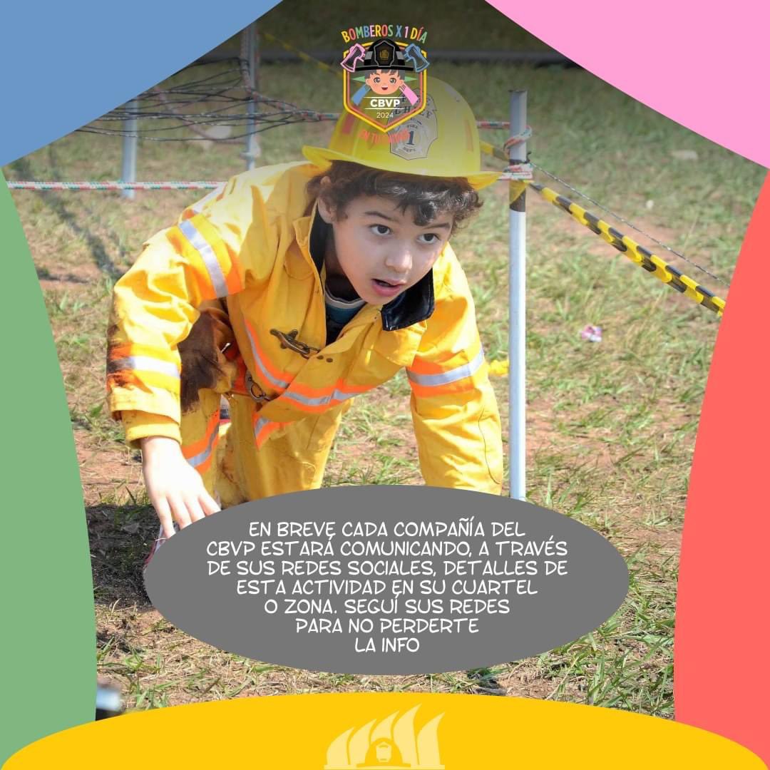 ¡Bomberos X 1 Día en tu ciudad! 🤩🎉💛🚒👩‍🚒🎈

💛 El domingo 1 de setiembre, las más de 100 Compañías del #CBVP distribuidas en todo el #Paraguay 🇵🇾 estarán organizando este evento, cada una en sus respectivas zonas

🟨 🟥 🟩 🟦 🟪

No dejes a tus peques sin ser «Bomberos X 1 Día»