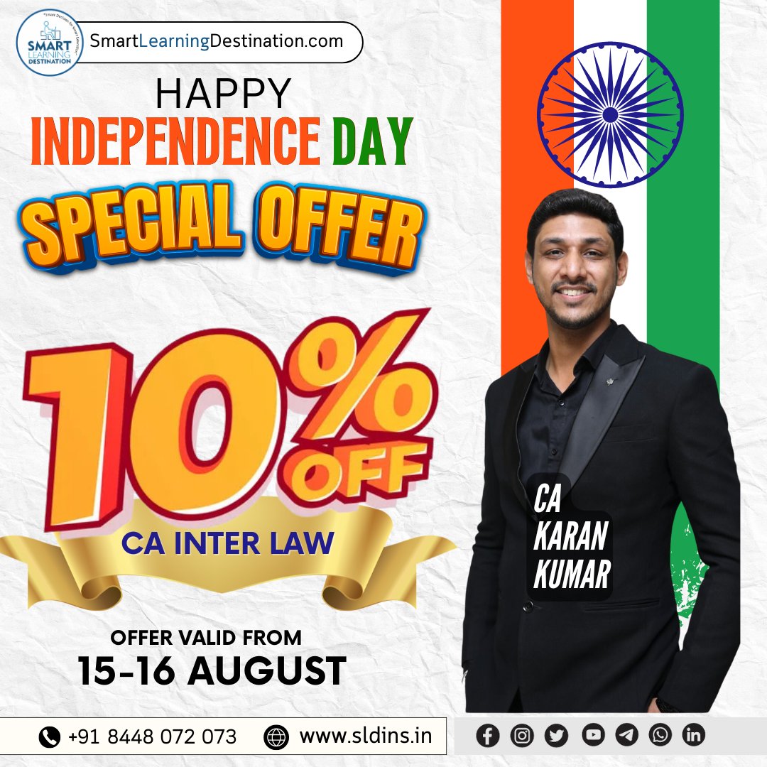 SLDINSLECTURE's tweet image. Happy Independence Day
Get 10% on CA Inter Law by CA Karan Kumar
☎️ Enquiry Call - 8448072073
🌐 Visit- smartlearningdestination.com
| On-Time Free Delivery |
| Lowest Price |
| Genuine Product |
| Secure Payment |
| Best After Sell Support |
| Serving Since 2016 |
#CA #offer #sale