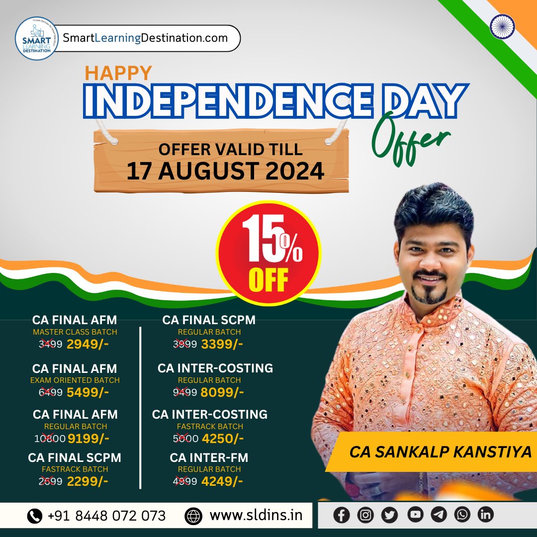 SLDINSLECTURE's tweet image. Happy Independence Day
Get 15% off on all lectures of CA Sankalp Kanstiya
☎️ Enquiry Call - 8448072073
| On-Time Free Delivery |
| Lowest Price |
| Genuine Product |
| Secure Payment |
| Best After Sell Support |
| Serving Since 2016 |
#CA #offer #sale #caonlineclasses #sldins
