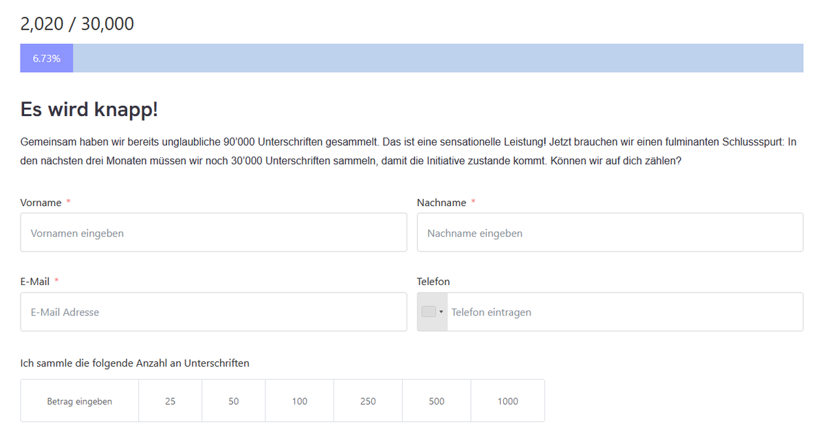 🚨CROWDSAMMELN 🚨 Hilfst du uns, die Demokratie-Initiative bis im Herbst über die Ziellinie zu bringen? Dafür brauchen wir jetzt alle Kräfte! 

Wie viele Unterschriften kannst du noch sammeln? Trag dich hier ein, gemeinsam kriegen wir die 30'000 voll 💪
demokratie-volksinitiative.ch