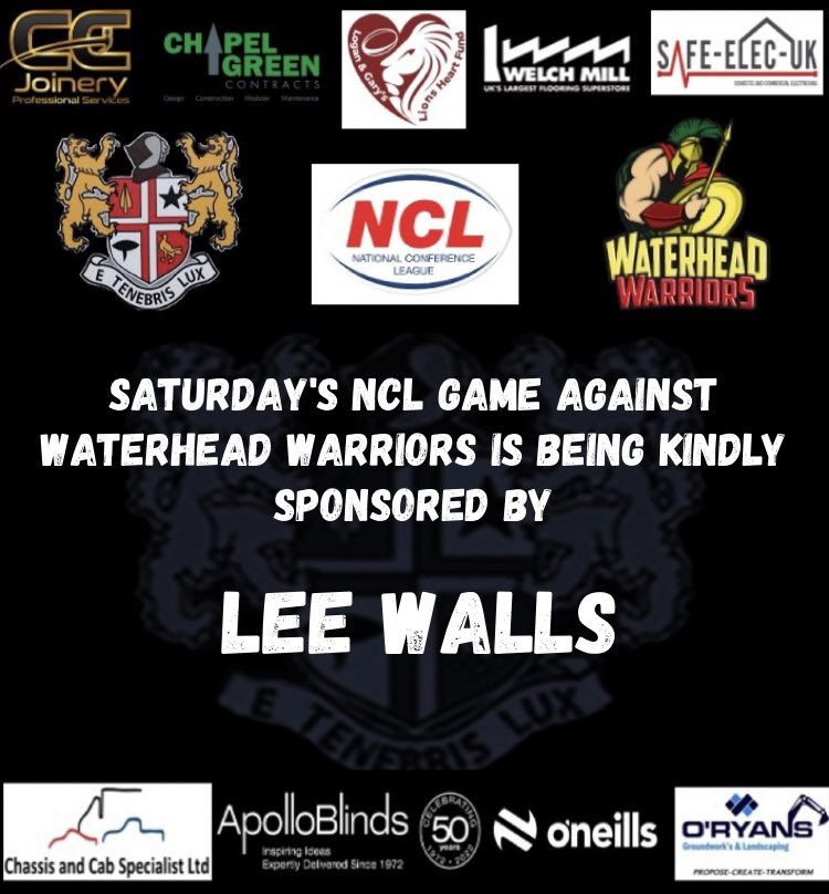 Saturday’s <a href="/OfficialNCL/">National Conference League - RL</a> Game against <a href="/WaterheadARLFC/">Waterhead Warriors</a> is being kindly sponsored by Lee Walls <a href="/LA150489/">Lee Alex 🇵🇸⭐⭐⭐⭐⭐⭐🇵🇸</a> #123Miners