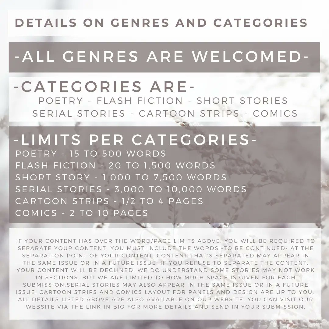 Our Free Submissions for our Winter Issue are open. 
Deadline is Dec 1st. 

Categories are #comics #shortstory #poetry / #poems #flashfiction #serialstories and #cartoon strips.

Visit our website for more details. 
 
#writers #writing #free #author #authors #jabooks #submissions