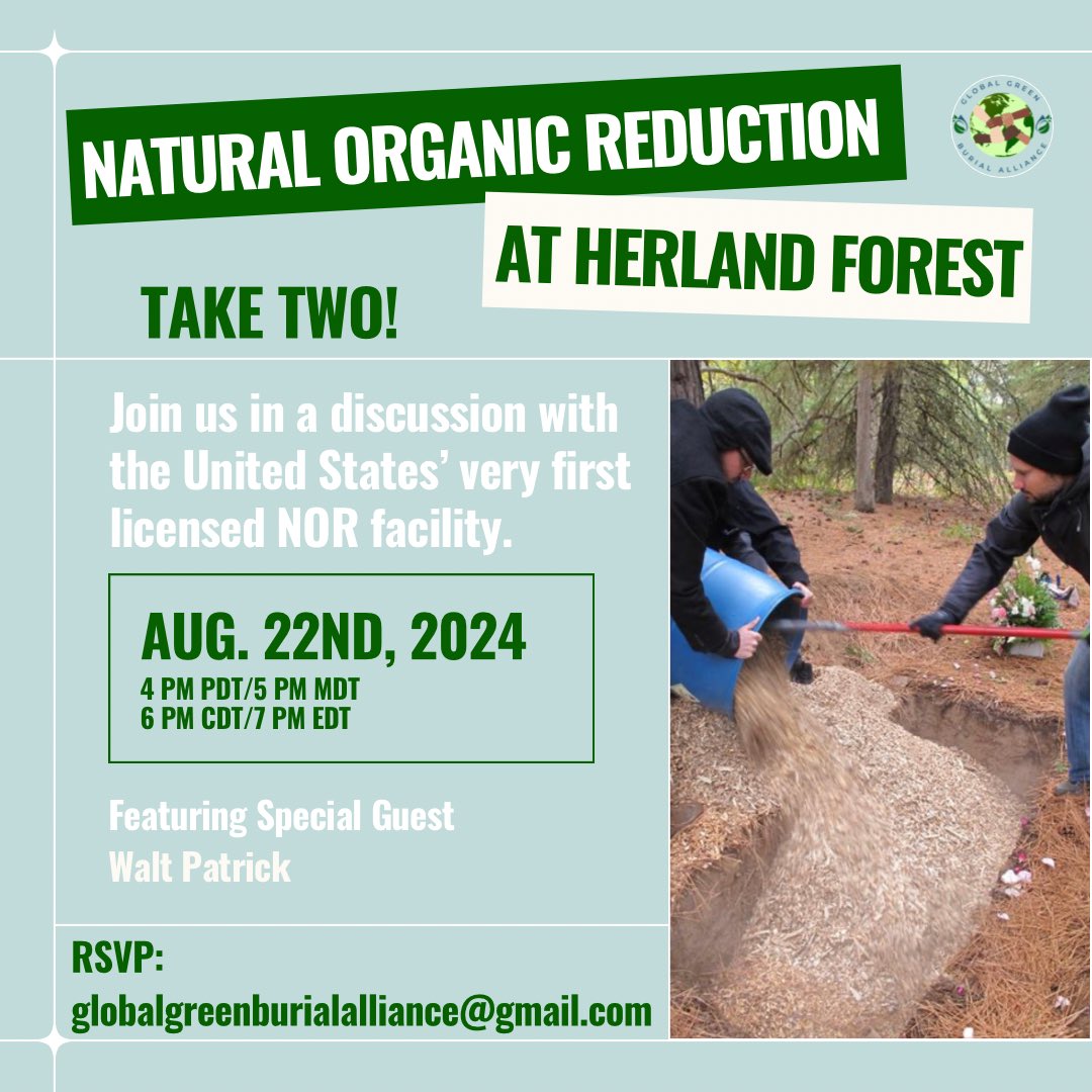 GGBAlliance's tweet photo. Join Us in ONE WEEK for our FREE Forum with Walt Patrick of Herland Forest! 

Email globalgreenburialalliance@gmail.com to RSVP! 

#naturalorganicreduction #greenfuneral #ecofriendlyfuneral #greendisposition #sustainability #sustainabledeathcare #ecoeducation #humancomposting https://t.co/wrl3r16kur