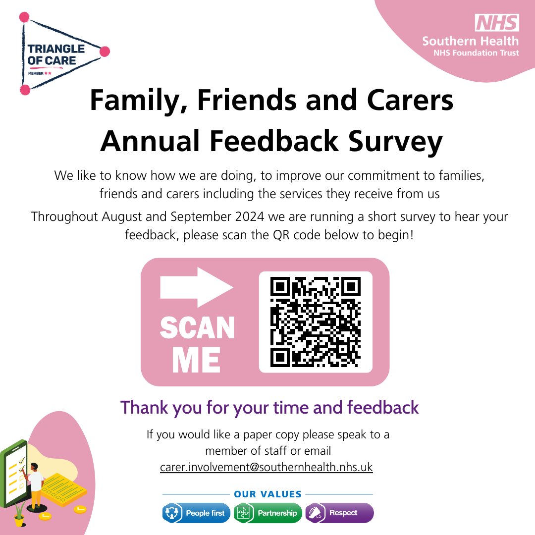 Calling #families, #friends and #carers of those that have used our services @Southern_NHSFT we are looking for your #feedback as #yourvoicematters click ere bit.ly/3X4hHRN or scan the QR below