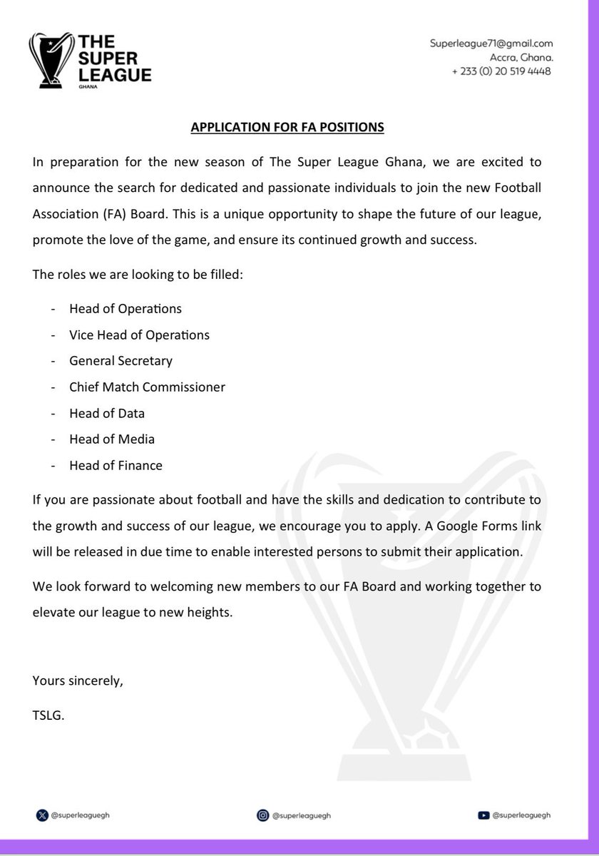 Applications are still open for anyone interested in joining #TheSuperLeagueGh FA hierarchy!

What to make a change in football, start here! Join the #TheLeagueofChampions