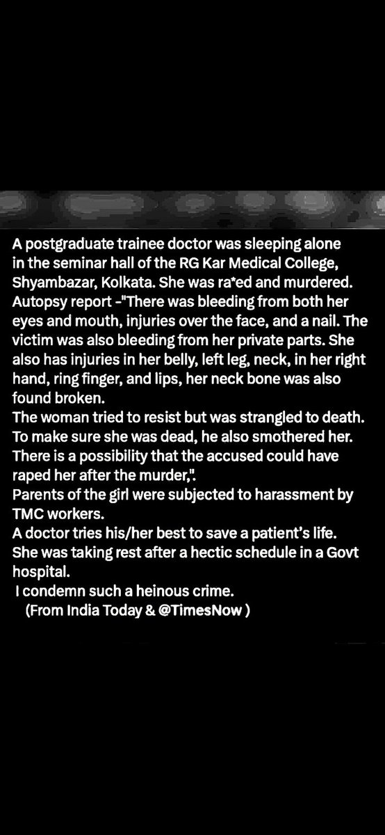 lakshmiitata27's tweet image. WE WANT JUSTICE FOR OUR SISTER! ✊ #JusticeForOurSister #NoMoreSilence #StandUpForWhatIsRight @Indian__doctor
@narendramodi 
#Nirbhaya 
#Nirbhaya2 
#RGKarMedicalCollegeHospital 
#DoctorsProtest
#Kolkata #kolkatahorror #KolkataDoctorDeath #KolkataPolice #DoctorsProtest…