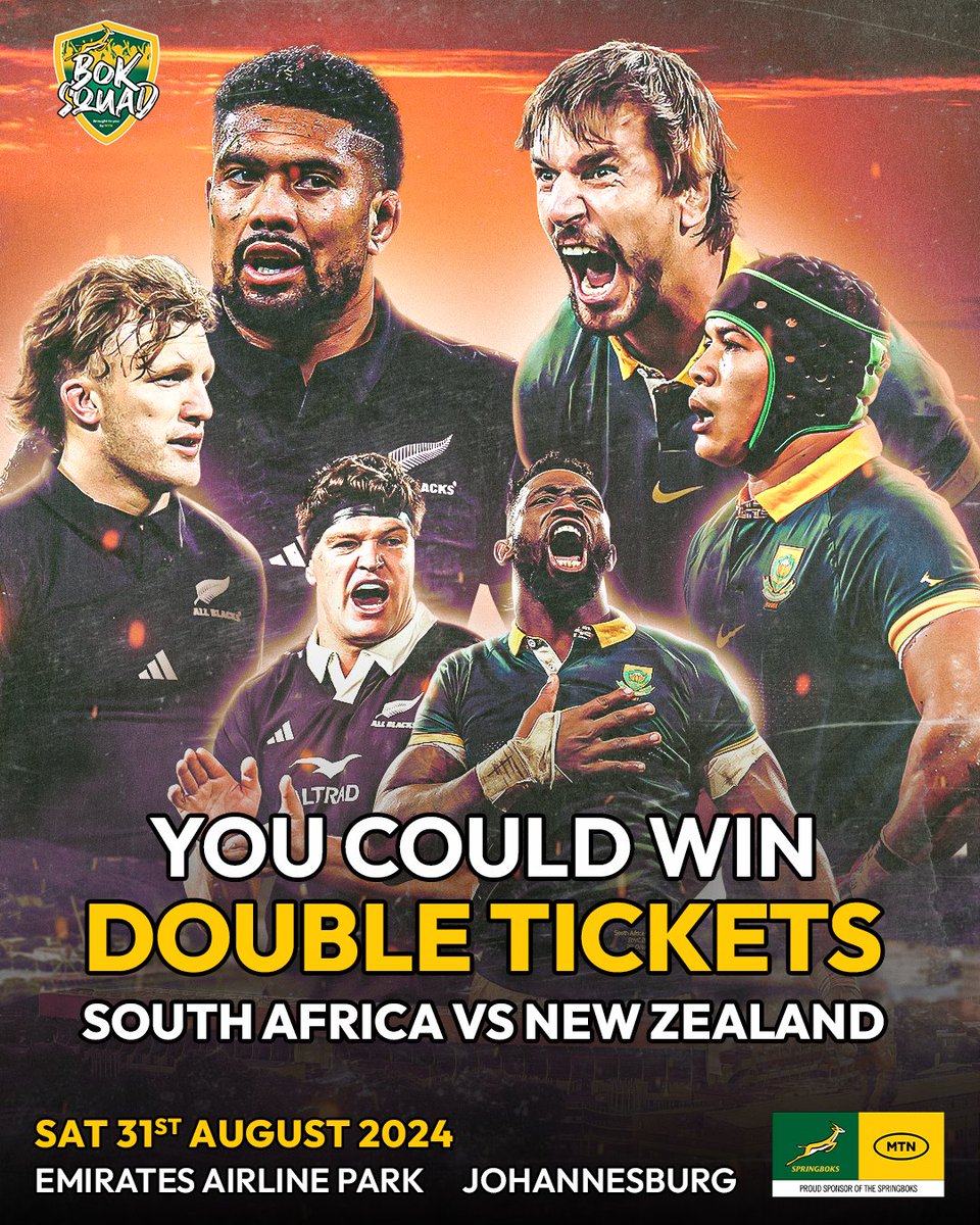 Springboks's tweet photo. BokSquad is giving away 10 double tickets to see the #Springboks take on the All Blacks in Jozi on 31 August. The stakes will be sky-high, with more than just bragging rights on the line ✅
Enter now, click here: https://t.co/0iPQI7Of3W 👈
#ForeverGreenForeverGold 
T&Cs apply