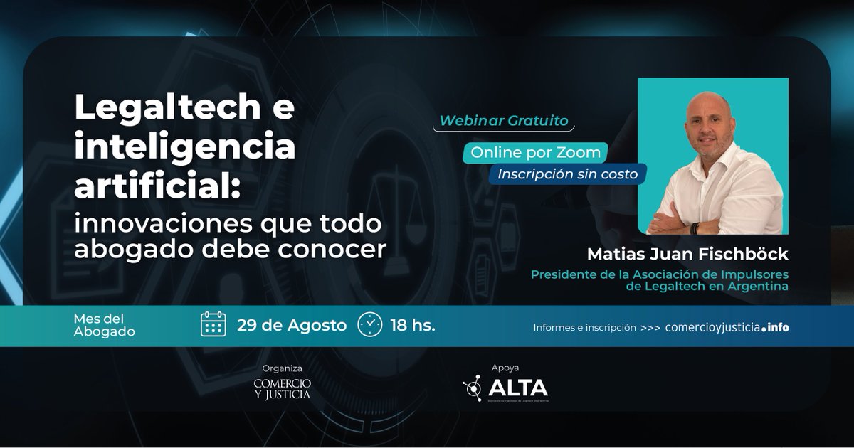 altaorg's tweet photo. 📆29 de agosto
🕔18:00 (Argentina)
📍Plataforma: Zoom

¡No te pierdas esta oportunidad! Inscríbete hoy mismo y asegúrate tu lugar.
🔗Inscribite aquí https://t.co/zeo06e9q2l 

#Abogado #InteligenciaArtificial #Legaltech #ChatGPT #Webinar https://t.co/85G6iZbRt2