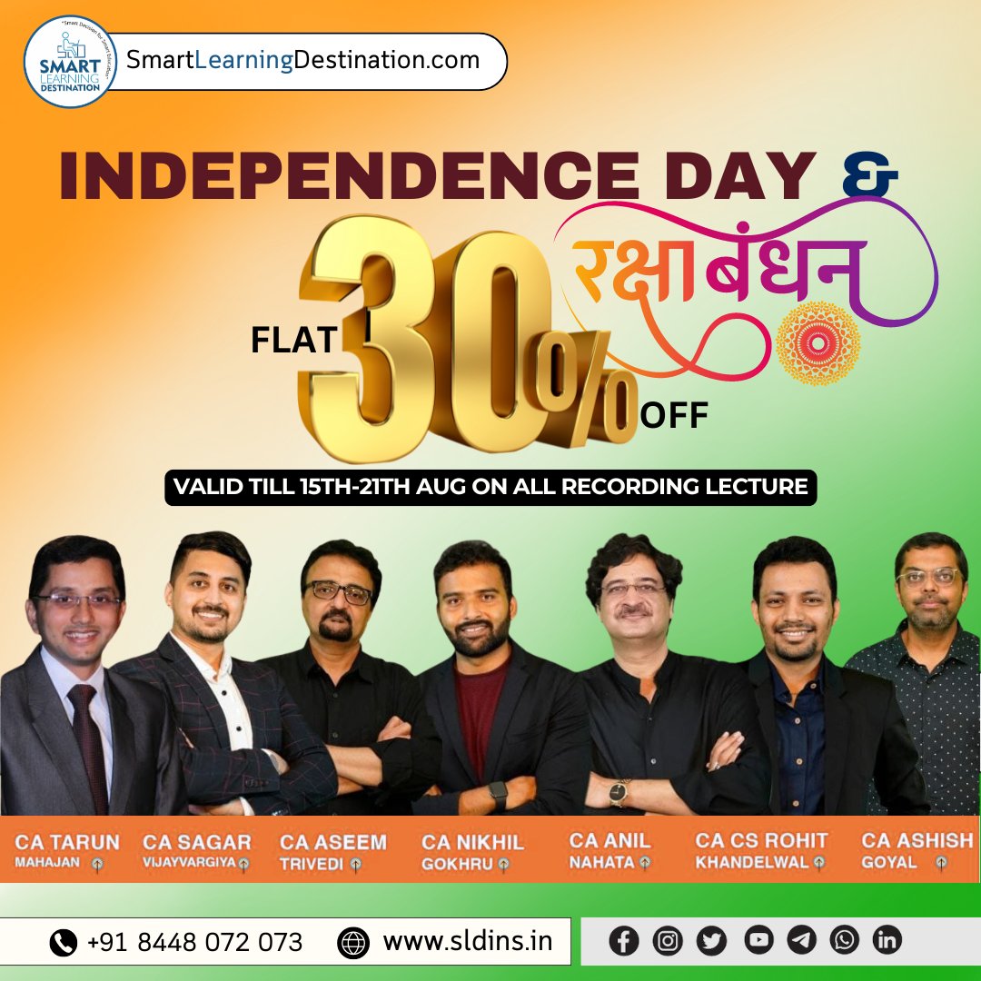 SLDINSLECTURE's tweet image. Independence & Rakshabandhan Special 
Get 30% on Recorded Lectures
☎️ Enquiry Call - 8448072073
🌐 Visit- smartlearningdestination.com
| On-Time Free Delivery |
| Lowest Price |
| Genuine Product |
| Secure Payment |
| Best After Sell Support |
| Serving Since 2016 |
#CA #offer