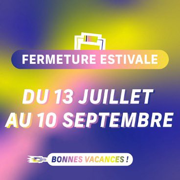 Saint-Ex ferme ses portes durant la période estivale !

Fermeture depuis le 13 juillet.
On revient le 10 septembre pour une nouvelle saison de folie 🎉

#saintex #reims #grandest