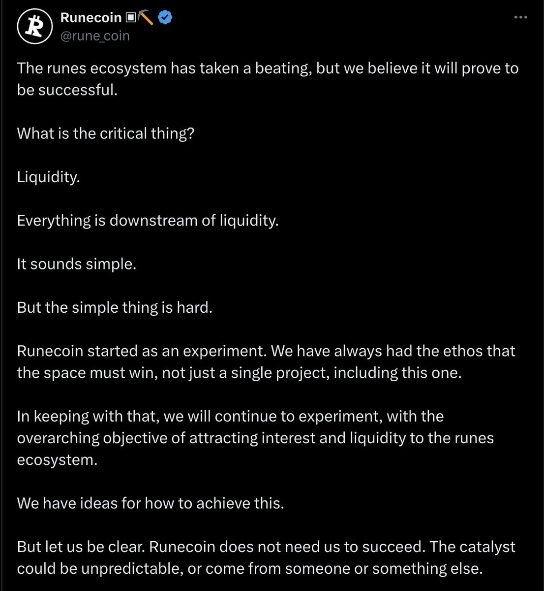 1/ “符文生态遭受了重创，但我们相信它会取得成功” @rune_coin 在沉寂了整整一个月后，RSIC的项目方终于重新开始了推文运营