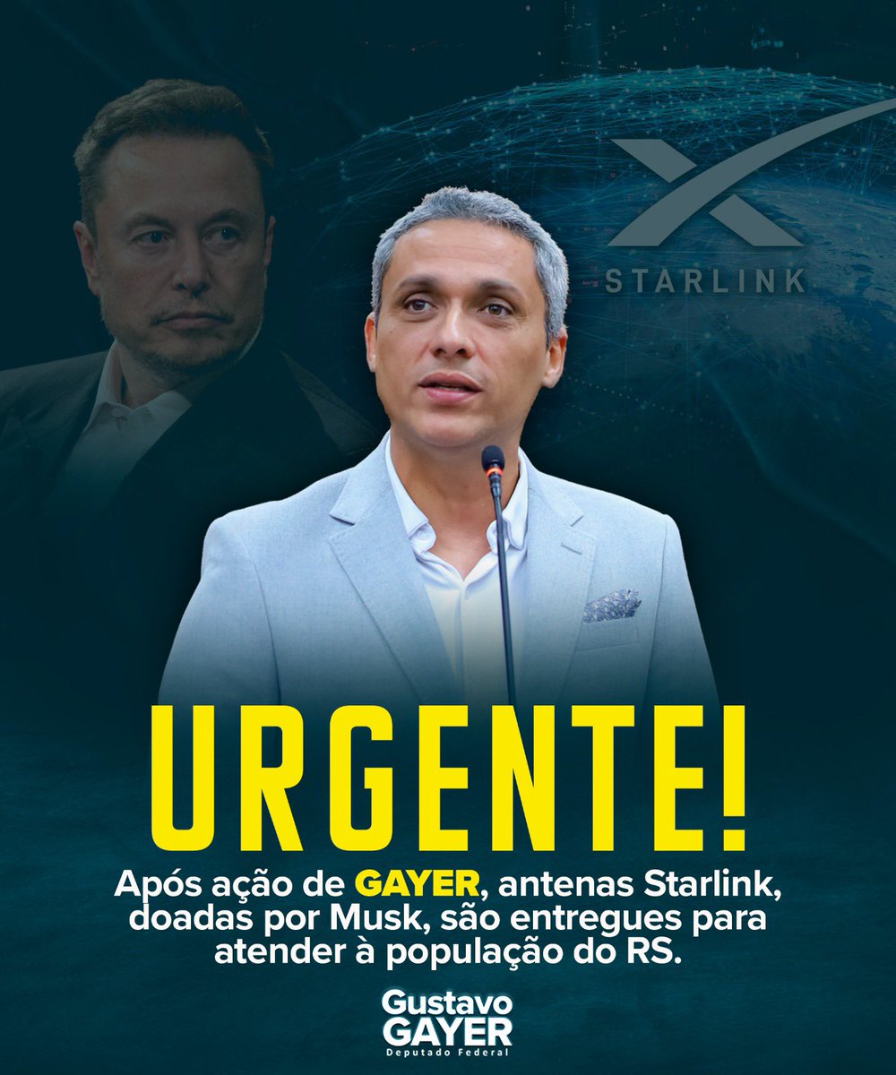 GayerGus's tweet photo. Thank you, Mr. @elonmusk for your generosity. God bless you and all your collaborators who helped me and my team in this mission.

Agradeço aos deputados do RS, @deputadozucco e @marcelvanhattem e à minha assessora e amiga, Dulce Mendes. Servir ao lado de vocês é um privilégio! https://t.co/1MolEFAKgt