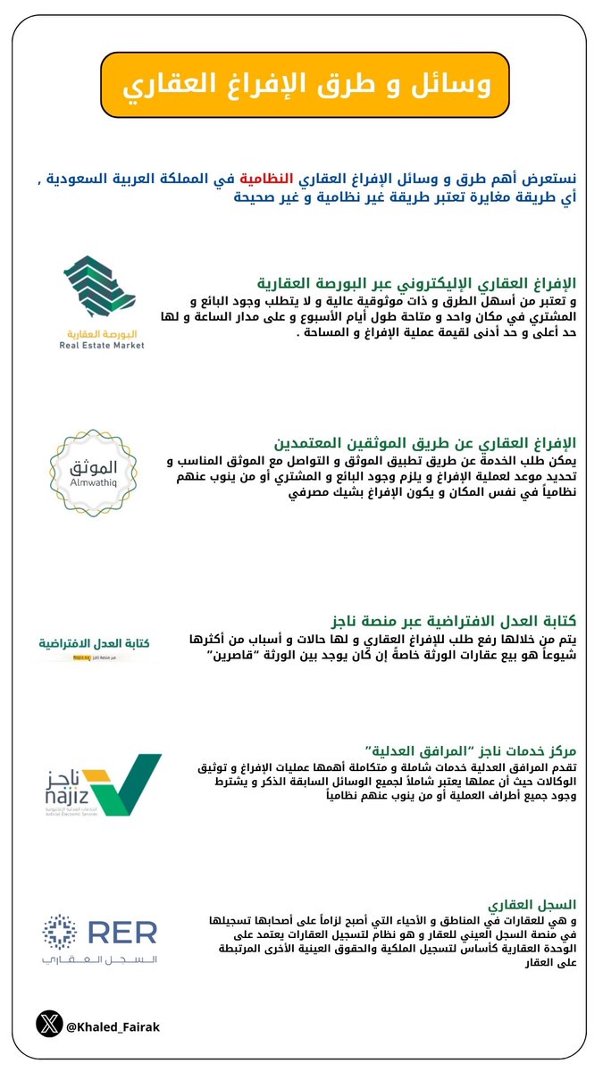 @aqar_abrar خطوات الإفراغ العقاري كالتالي :
١- يسجل البائع الدخول لمنصة البورصة العقارية عبد النفاذ الوطني الموحد .
٢- استكمال بيانات الملف الشخصي .
٣- من قائمة الاختيارات يختار صفقة خاصة .
٤- اختيار الصك و تعبئة بيانات المشتري (رقم الهوية و تاريخ الميلاد) و إضافة الرقم المرجعي لفاتورة