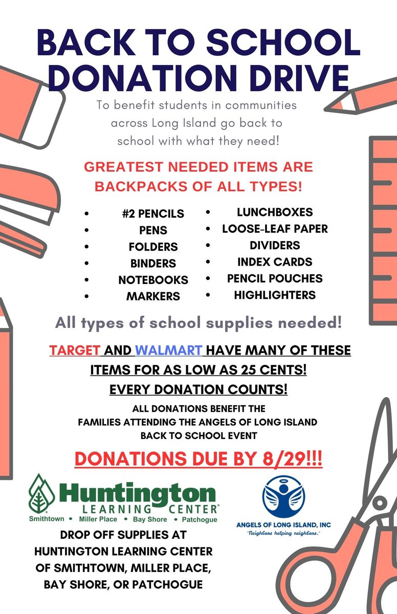 SMI_HLC's tweet photo. We are working with the Angels Of Long Island for their Back to School event again this year! WE NEED YOUR HELP to help send THOUSANDS of children back to school with everything they need to have a successful year. Every year the need gets bigger, but the Angels of Long Island... https://t.co/RFPrbbqpbj