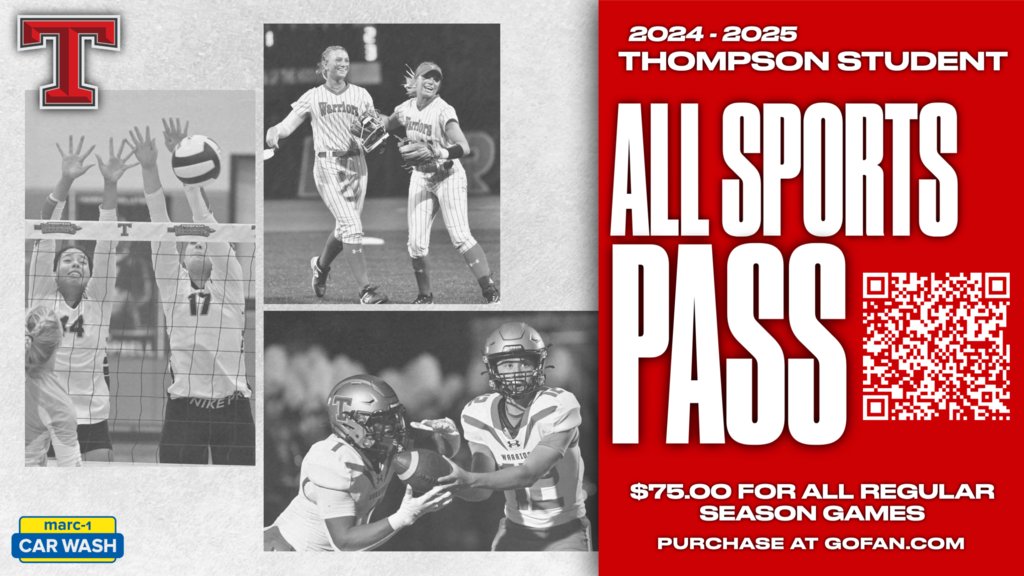 THS_Warrior's tweet photo. Attention, students! 🎉 The All Sports Pass for 2024-2025 is now available for purchase! This pass gives you entry to all regular season home games for every sport on campus. Don’t miss out on the action—grab yours today! 🏈🏀⚽ #ThompsonHigh #AllSportsPass https://t.co/dg2eDh0rBf
