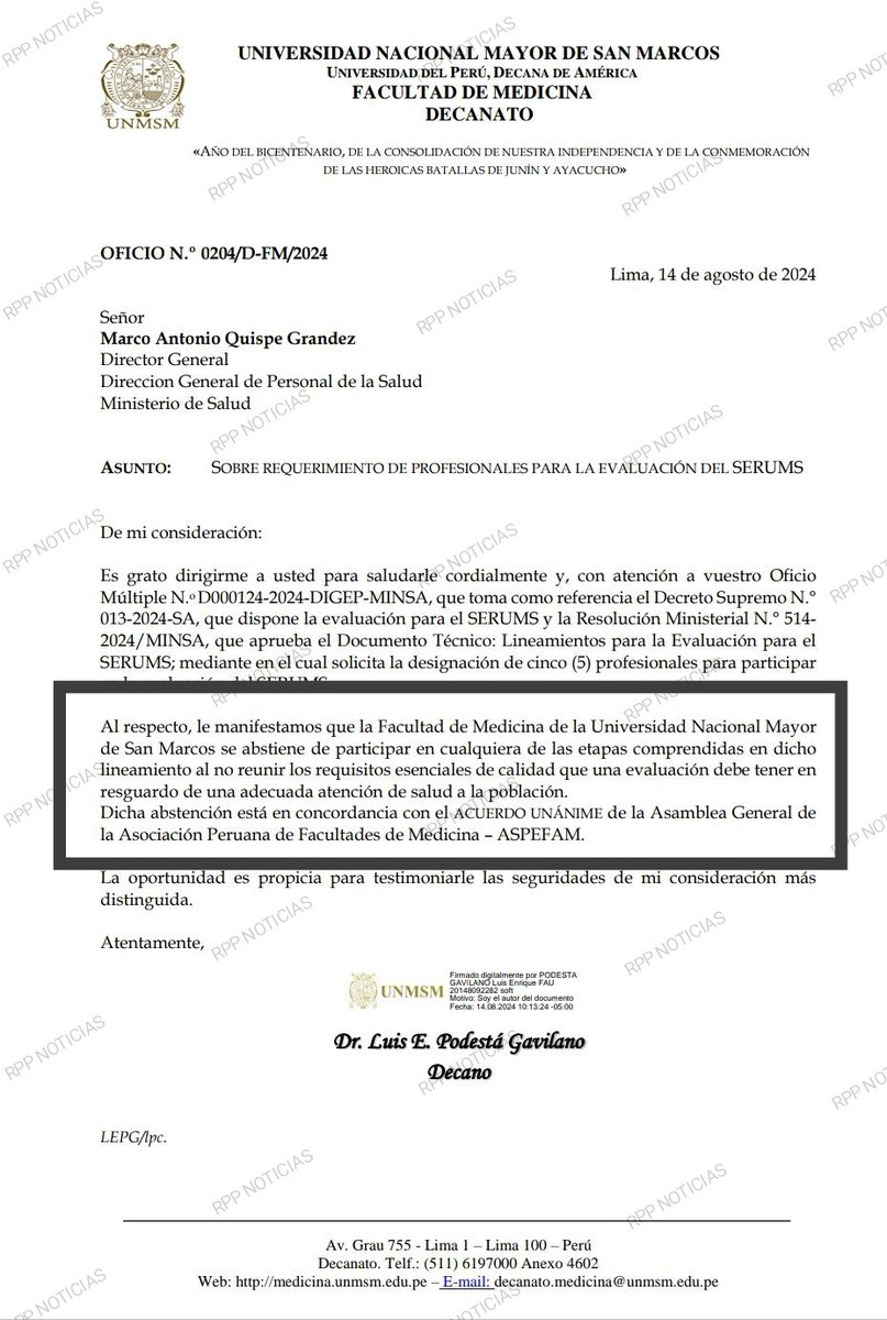 #ATENCION Facultad de Medicina de la Universidad de San Marcos declina participar en procesos de examen para plazas de Serums aprobado por el <a href="/Minsa_Peru/">Ministerio de Salud</a> al considerar que no reúne las mínimas condiciones de calidad y en resguardo de una correcta atención de salud a la población